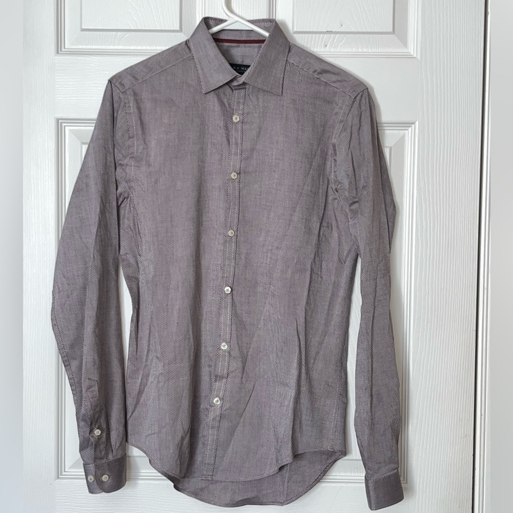 Zara Long Sleeve Button Down Shirt Striped Pattern Small Burgundy Red